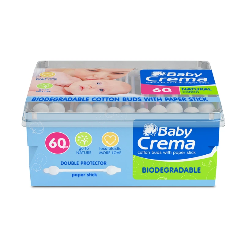 Биоразградими памучни клечки за уши Baby Crema, С хартиен стик, С протектор, 60 бр.